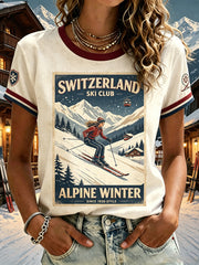 T-shirt rétro à manches courtes pour femme, imprimé sur le thème du ski