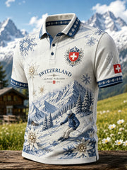 Polo à manches courtes pour homme, modèle robe en gaufre, imprimé rétro d’inspiration ski