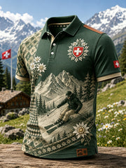 Polo à manches courtes pour homme, modèle robe en gaufre, imprimé rétro d’inspiration ski