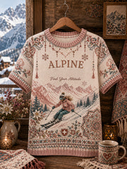 T-shirt à manches courtes en tricot Ski Art Print Femme