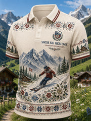Affiche artistique de ski pour homme, robe en tissu gauffré, polo à manches courtes
