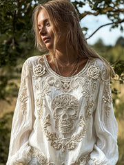 Chemise Femme Vintage Crâne & Roses Viking Celtique Noeud Imprimé Coton-Lin