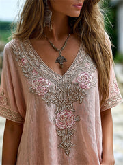 T-shirt femme à manches courtes en lin Vintage Roses Viking Celtic Knot Print