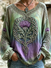 Chemise en lin et coton dégradé à imprimé noeud celtique chardon vintage pour femme