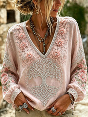 Chemise Femme Classique Arbre de Vie Rose Imprimé Floral En Coton Et Lin