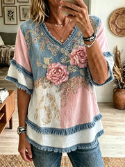 Femmes Vintage chic rose fleurs Patchwork impression frange garniture coton-lin chemise