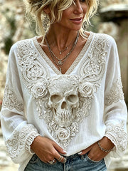 Chemise Femme Classy Skull & Roses Viking Celtic Print Coton-Lin