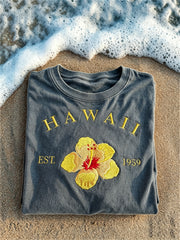 T-shirt femme à manches courtes à imprimé de fleurs d'hibiscus jaune Hawaii 1959