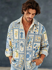 Chemise de vacances à imprimé d'art botanique de style méditerranéen vintage pour hommes