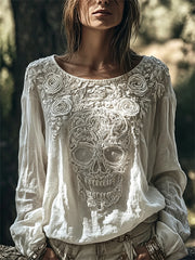Chemise Femme Vintage Celtic Skull Roses Imprimé Floral Coton-Lin