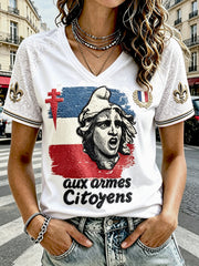 Vintage Français Bastille Day «La Marseillaise» T-shirt à col en V décontracté pour femme