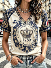 Vintage Français Bastille Day 1789 Imprimer T-shirt à col en V décontracté pour femmes