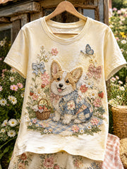 T-shirt femme à manches courtes, style vintage, patchwork floral avec motif chiot