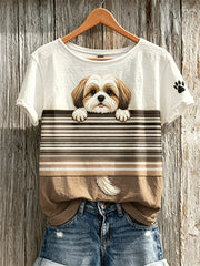 T-shirt femme à manches courtes, motif color-block avec un chien Shih Tzu qui fait coucou et des empreintes de patte