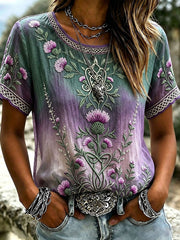 Vintage celtique écossais chardon chic lin imprimé à manches courtes T-shirt des femmes