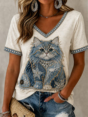 T-shirt décontracté à col en V pour femme, imprimé chat et motif cowboy