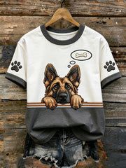 T-shirt décontracté à manches courtes, effet chiné, imprimé d’un mignon motif de chien pour femme