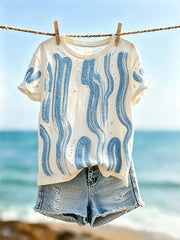 T-shirt à manches courtes imprimé pour femmes, style vacances, motif géométrique à lignes