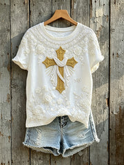 T-shirt à manches courtes décontracté pour femmes White Floral Cross Faith Art Print