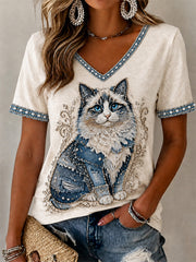 T-shirt décontracté à col en V pour femme, imprimé chat et motif cowboy