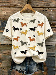 T-shirt décontracté à manches courtes, effet chiné, imprimé d’un mignon motif de chien pour femme