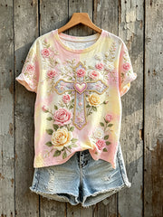 T-shirt confortable à manches courtes pour femmes Vintage Floral Cross Faith Art Print