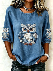 T-shirt Femme Animal Hibou Imprimé Manches Trois-Quarts