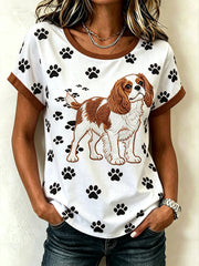 T-shirt décontracté à manches courtes, effet chiné, imprimé d’un mignon motif de chien pour femme