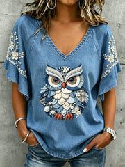 Animal Owl Imprimé V-cou Ruffle Sleeve T-shirt Femme