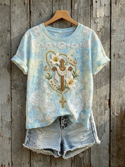 T-shirt à manches courtes décontracté à imprimé floral vintage pour femmes