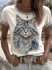T-shirt décontracté à imprimé chat cowboy pour femmes