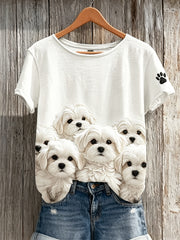 T-shirt femme à manches courtes imprimé motif patte de chien maltais en peluche