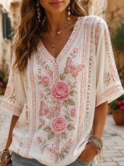 T-shirt en lin à imprimé floral pour femme