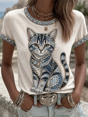 T-shirt décontracté pour femme à imprimé chat et motif cowboy