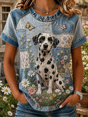 T-shirt femme à manches courtes, décontracté, style vintage, patchwork, imprimé floral et dalmatien