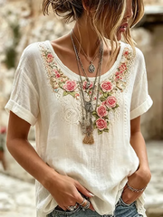 T-shirt à manches courtes femme imprimé floral en lin