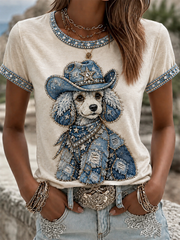 T-shirt décontracté imprimé chien de cow-boy pour femmes
