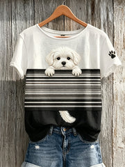 T-shirt à manches courtes pour femmes, imprimé color-block avec un petit chien maltais qui fait coucou