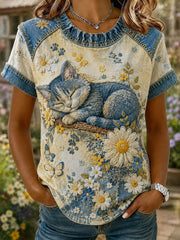 T-shirt femme vintage en patchwork, motif floral avec marguerites et papillons, manches courtes, style décontracté