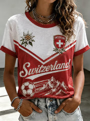 T-shirt à col rond pour femmes, motif fan de football suisse