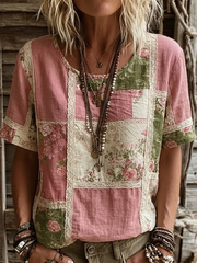 T-shirt femme en lin à manches courtes, imprimé floral