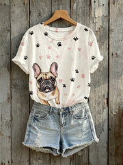 T-shirt à manches courtes avec imprimé mignon bouledogue français pour femmes
