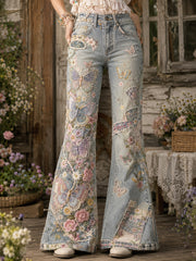 Pantalon évasé pour femme, style vintage, patchwork floral avec imprimé papillon
