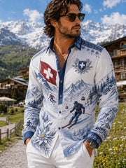 Chemise Homme Imprimé Waffle Sur Le Thème De Ski À Manches Longues