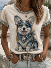 T-shirt décontracté pour femme à imprimé cowboy et chien