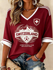 T-shirt femme suisse à manches mi-longues et col en V, imprimé