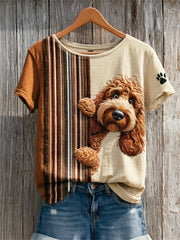 Peeking Poodle Dog & Paw Print Colorblock T-shirt à manches courtes pour femmes