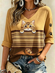 Femmes Peeking Tabby Cat & Paw Prints Colorblock Imprimer Mi-longueur manches T-shirt col en V