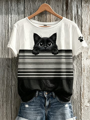 T-shirt Femme Peeking Black Cat & Paw Print Colorblock Imprimé à manches courtes