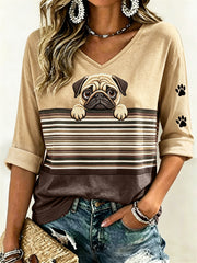 Les femmes de Peeking Pug Dog & Patte Prints Colorblock Imprimer mi-longueur manches col en V T-shirt